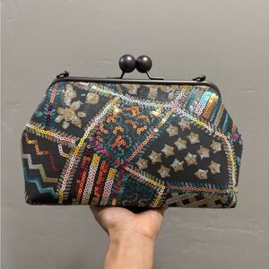 Sequin Embroidered Leather Handmade Kisslock Clutch Bag with 2 Strap Styles